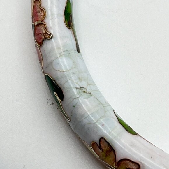Vintage Cloisonne Floral Bangle Bracelet Hinged White with Flowers Damaged - Picture 4 of 10